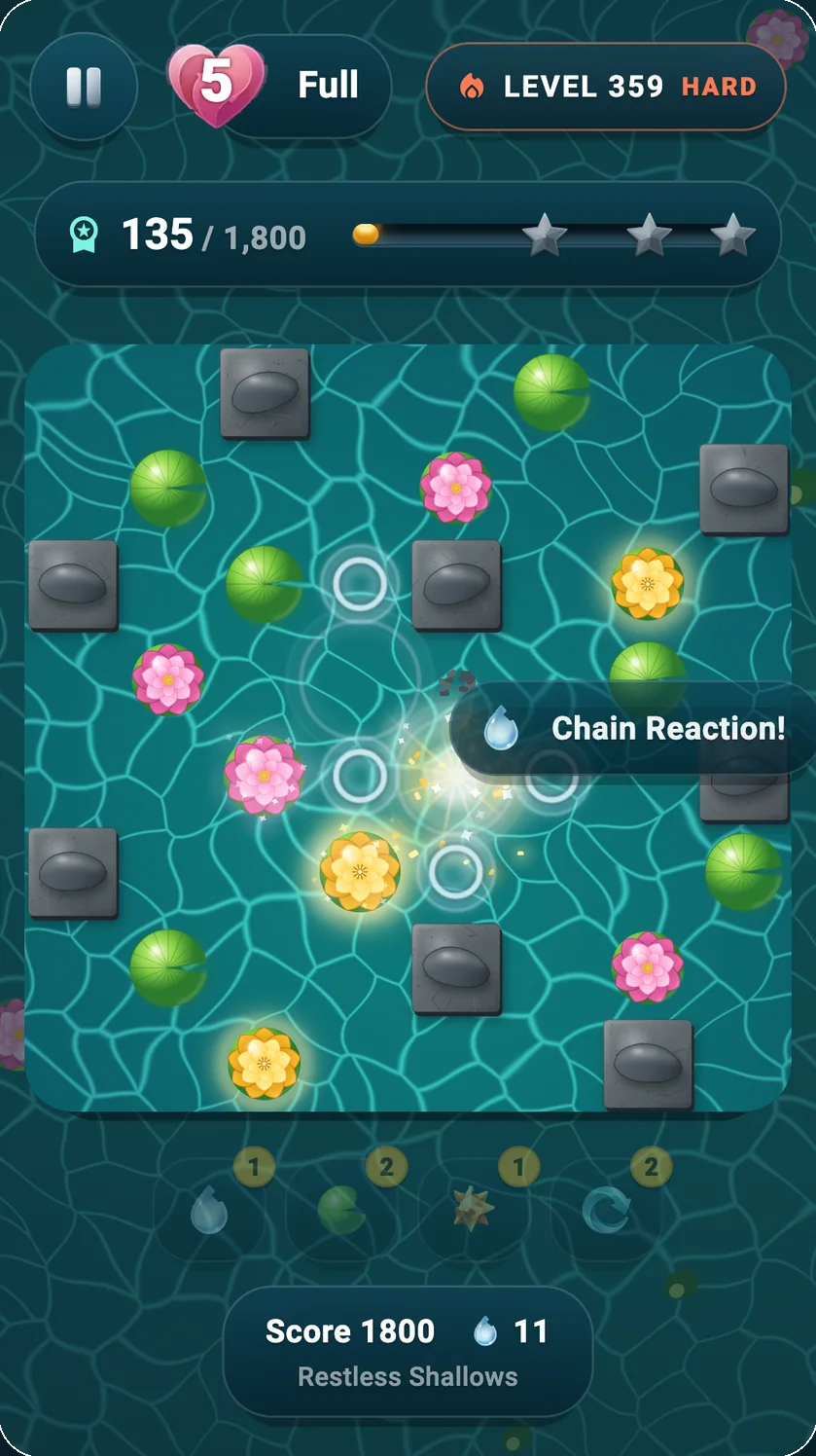 Kinetic Lotus gameplay on a phone — a chain reaction detonating across the pond