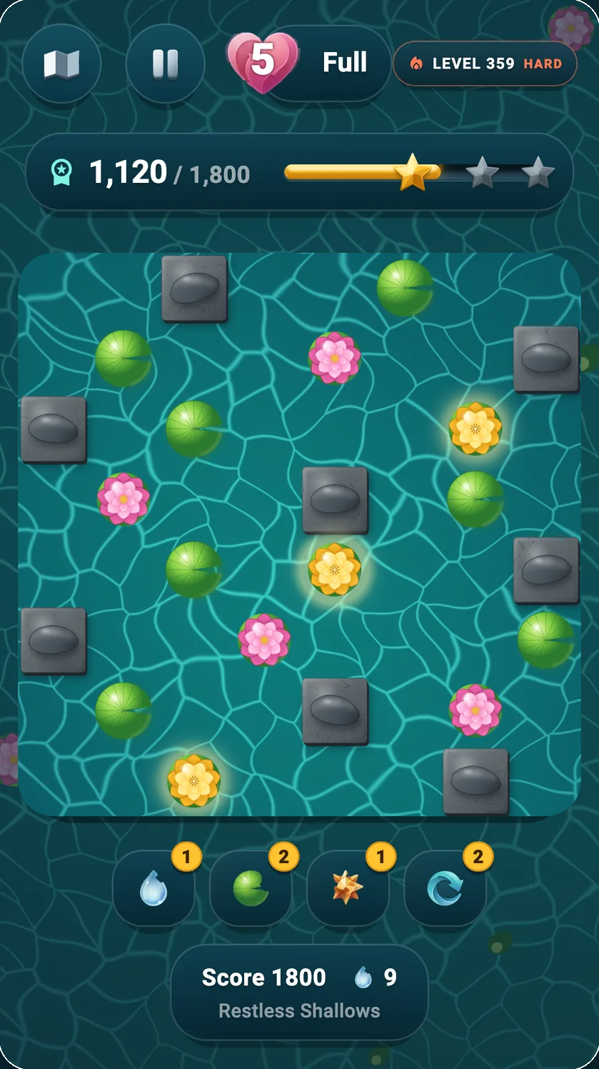 A Kinetic Lotus level in progress, showing the score target, star bar and perk tray