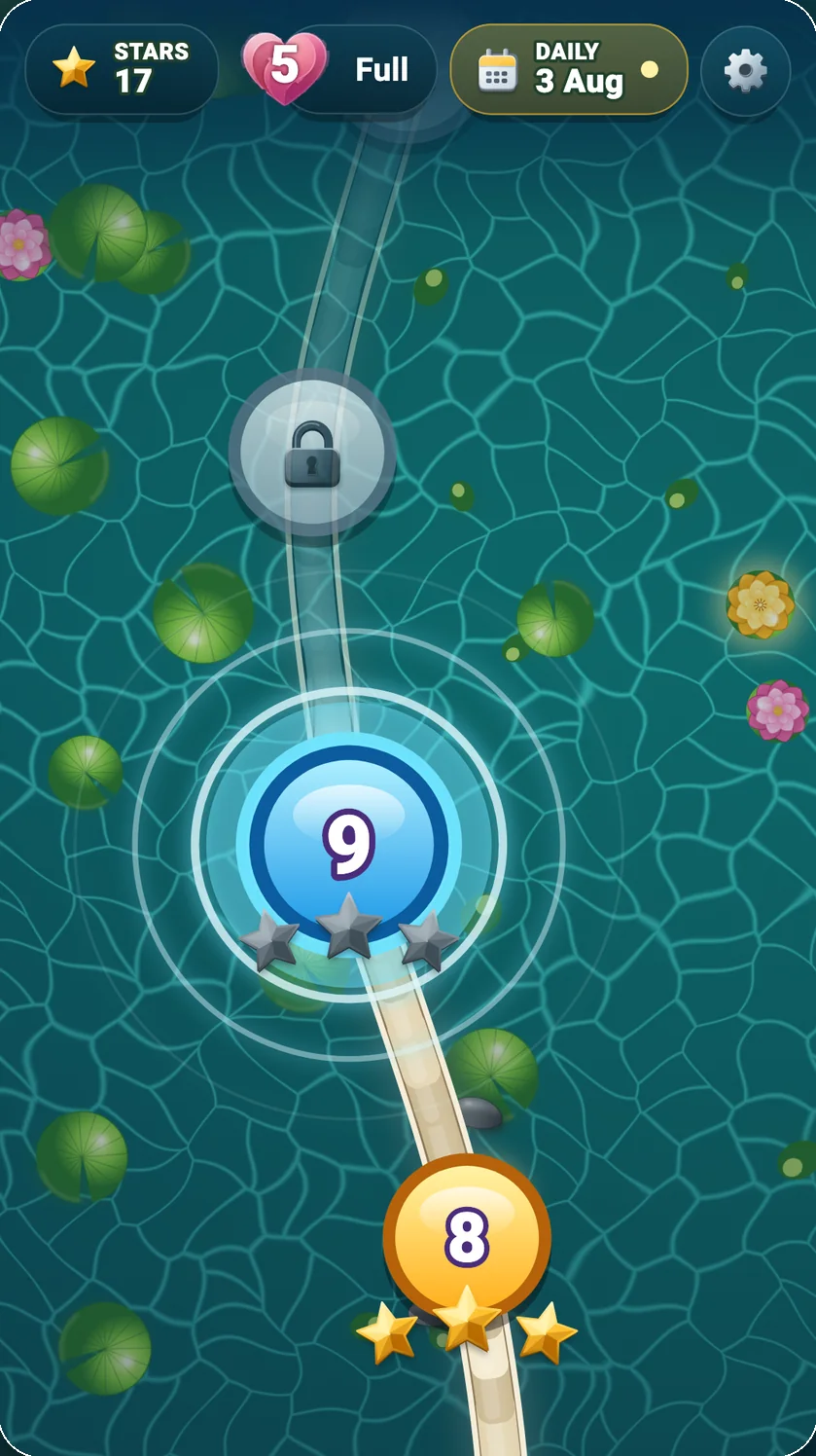 The Kinetic Lotus level map winding across the pond, showing earned stars and the next locked level