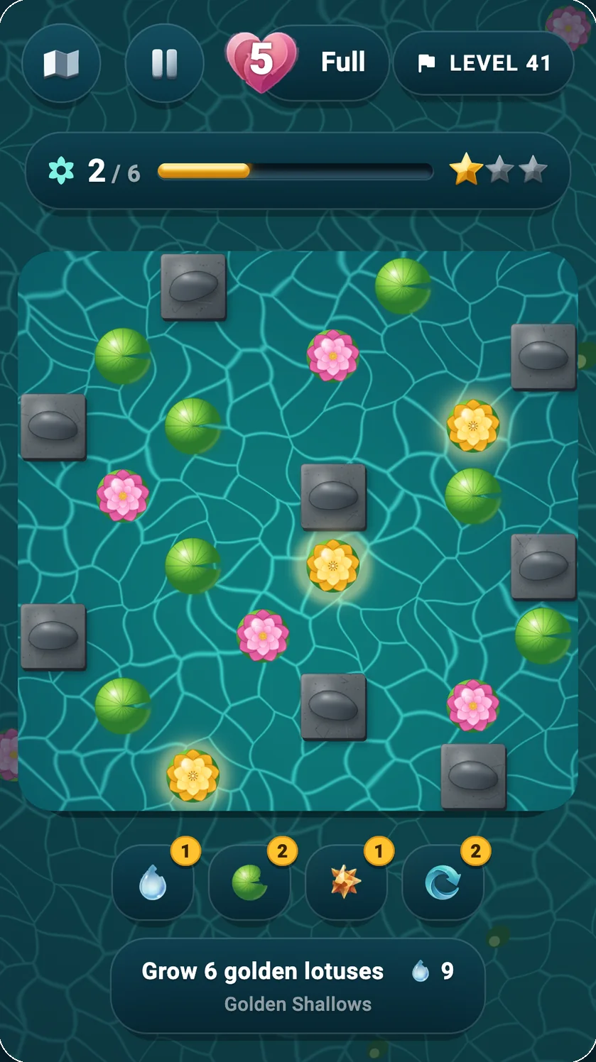The Kinetic Lotus board — lilypads, pink lotuses, golden lotuses and stones floating on open water