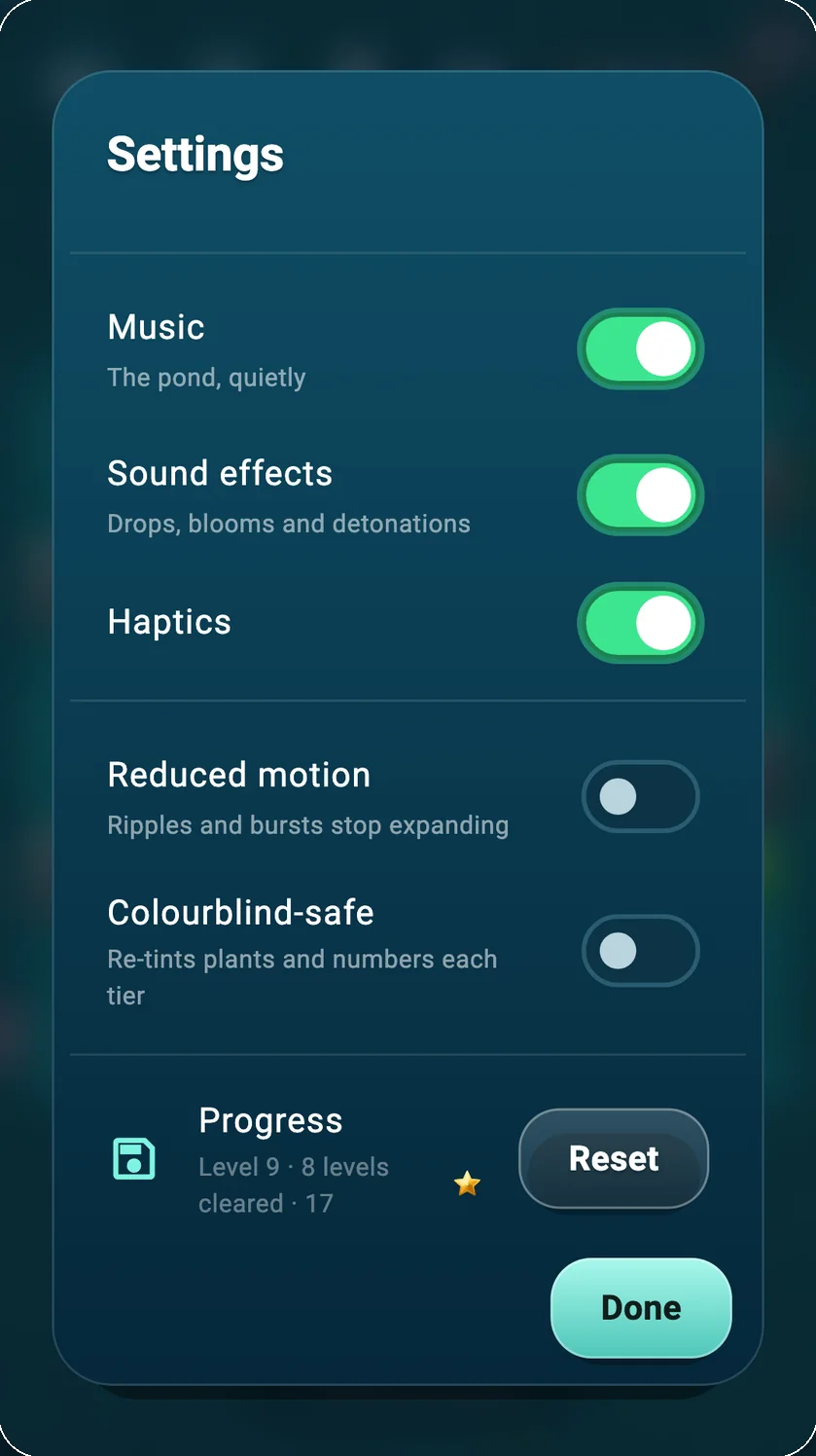 Kinetic Lotus settings — reduced motion and colourblind-safe options